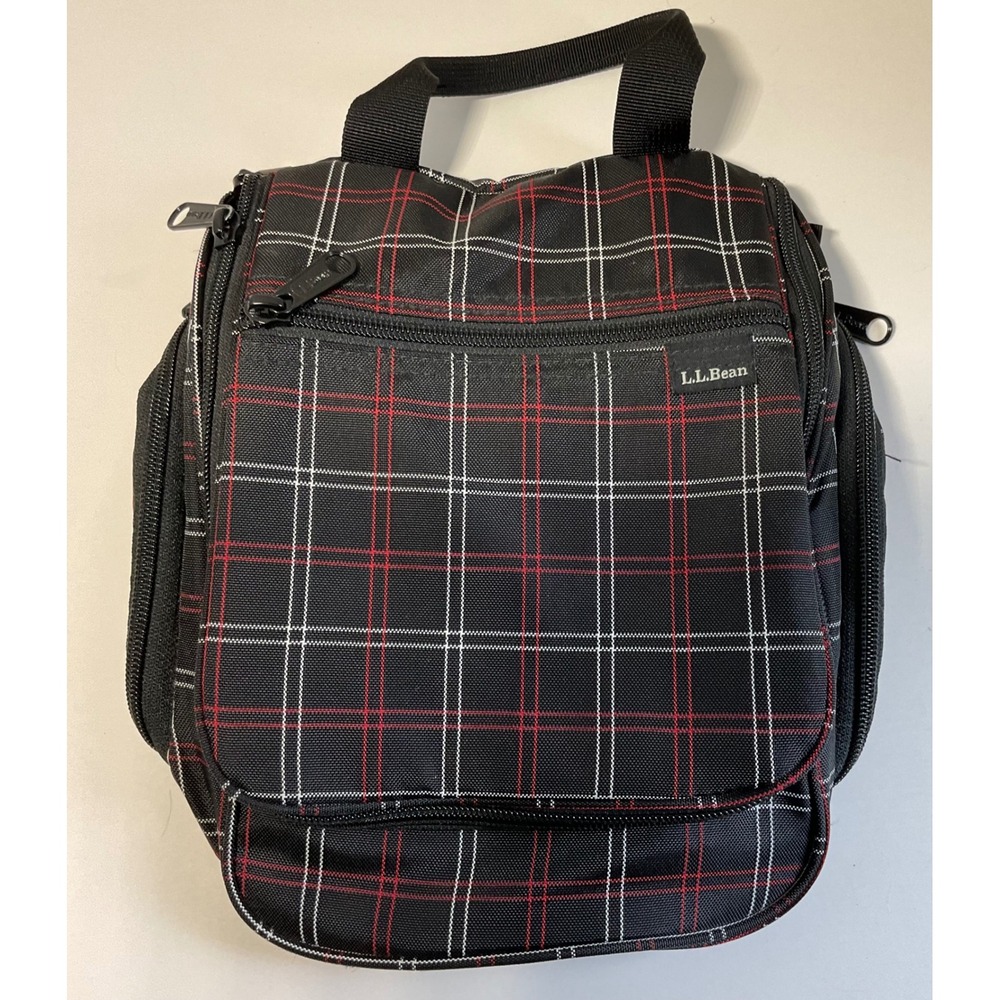 LL Bean Hanging Toiletry Bag Black Red Plaid Travel Organizer Case LLB#0FGR2